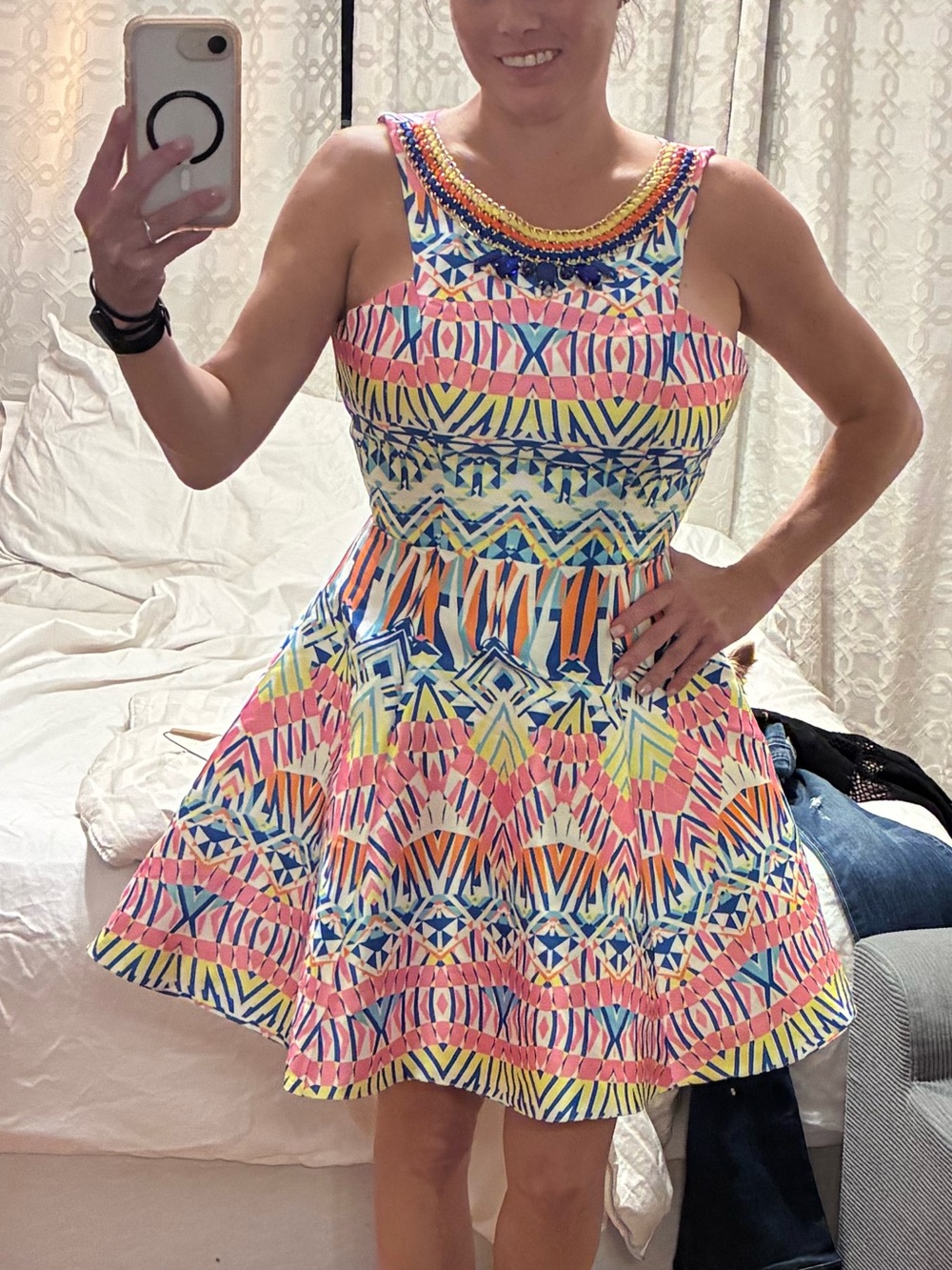 Mac Duggal Vibrant Pink and Blue Geometric Sleeveless Mini Dress